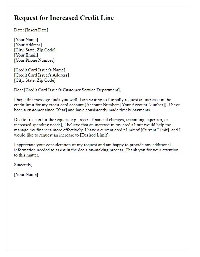 Letter template of request for increased credit line on credit card