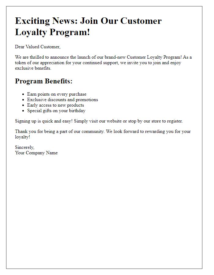 Letter template of customer loyalty program announcement.