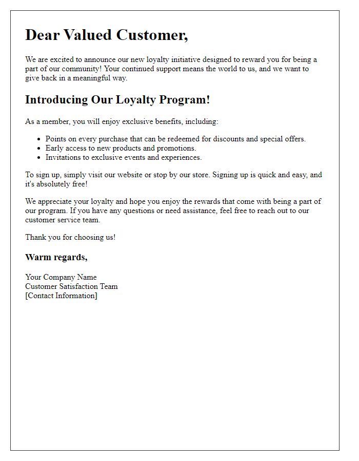 Letter template of engaging customers in our loyalty initiative.