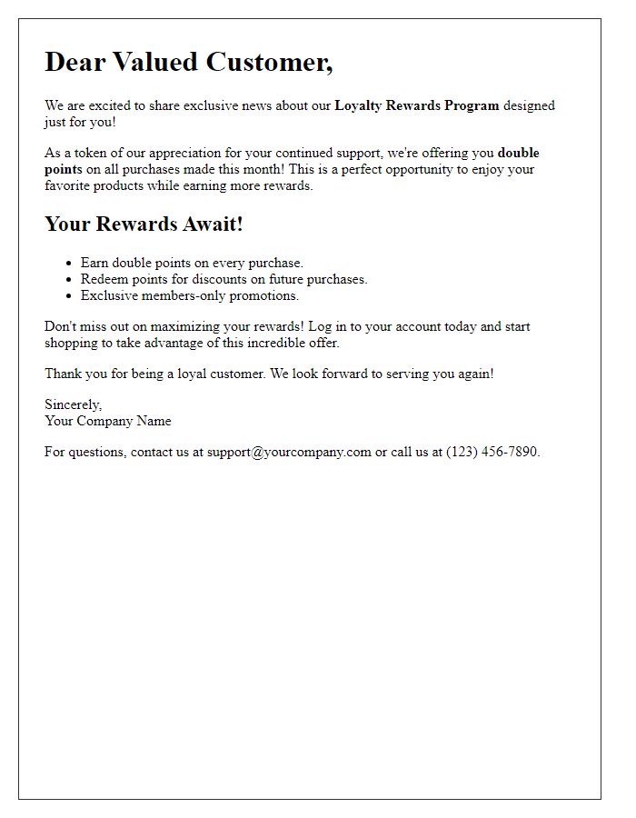 Letter template of incentivizing purchases through loyalty rewards.