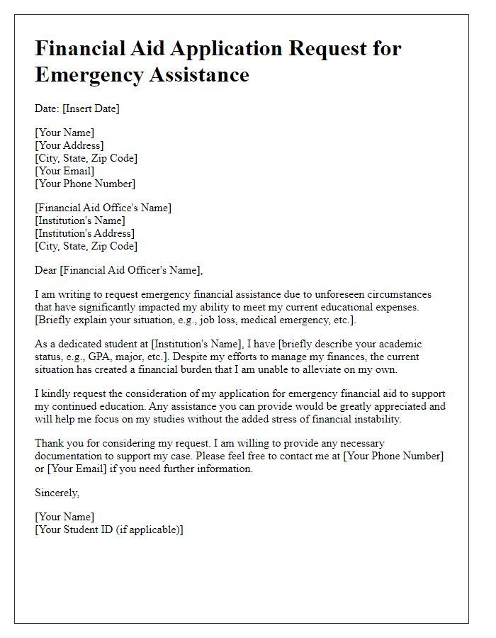 Letter template of financial aid application request for emergency assistance