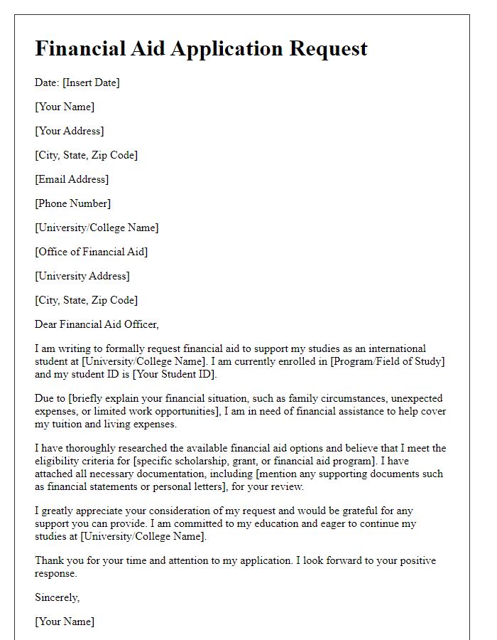 Letter template of financial aid application request for international students