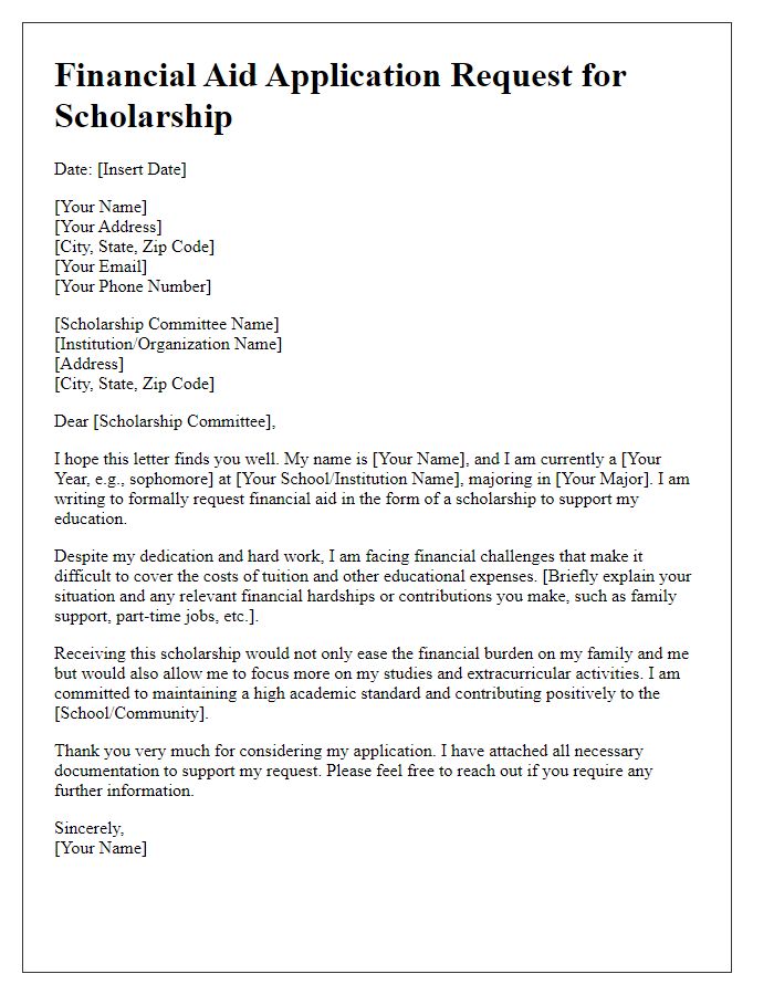 Letter template of financial aid application request for scholarships