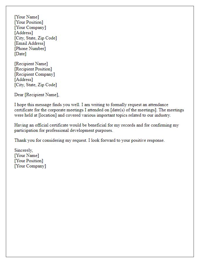 Letter template of request for attendance certificate for corporate meetings.