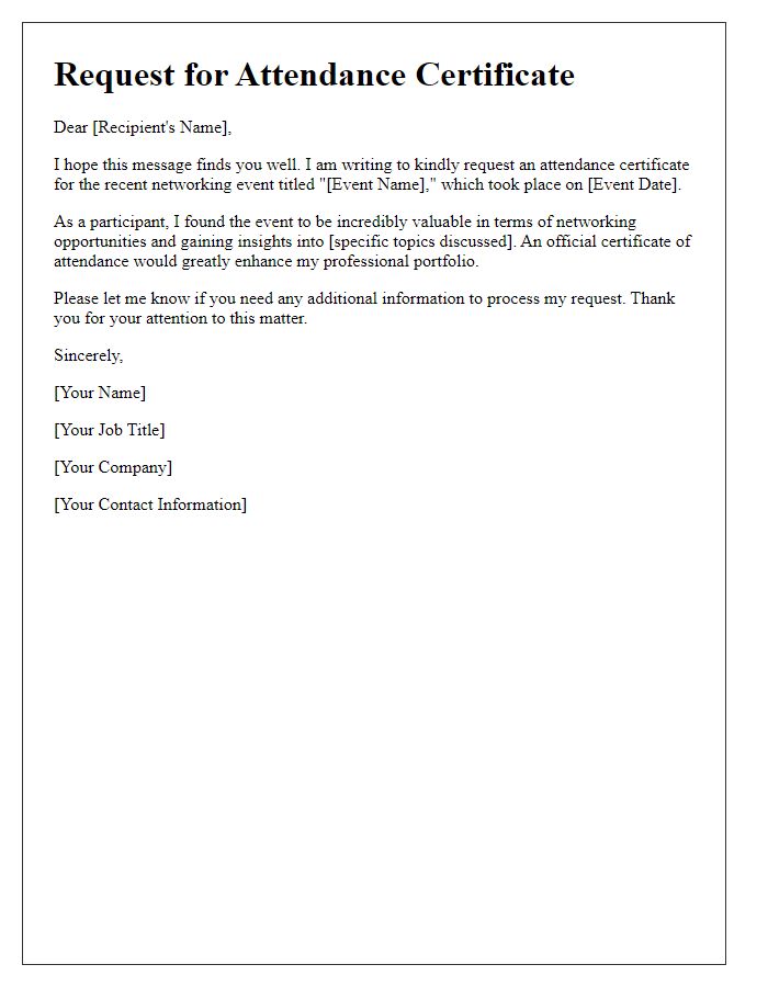 Letter template of request for attendance certificate for networking events.