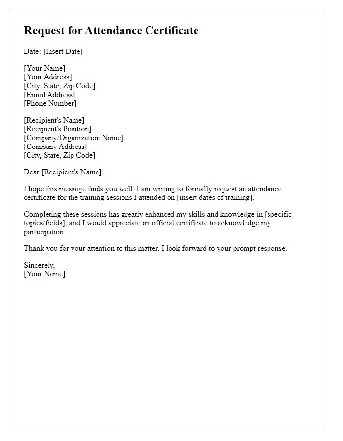 Letter template of request for attendance certificate for training sessions.