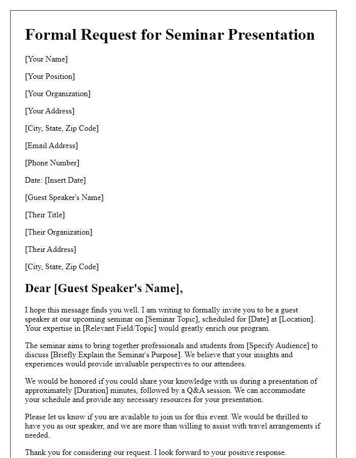 Letter template of formal request for a seminar presentation by a guest speaker