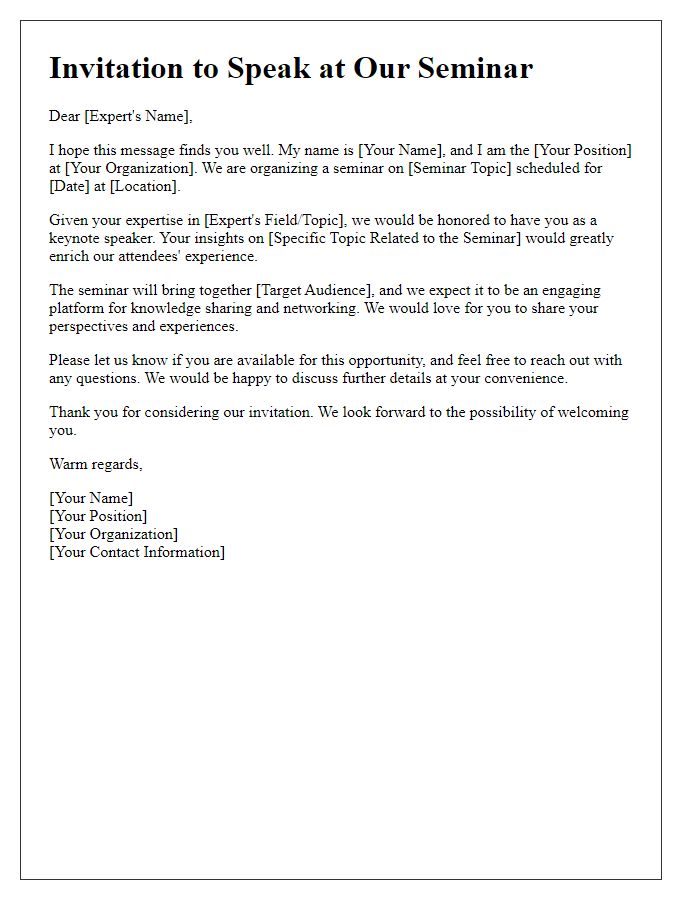 Letter template of outreach for expert speaker invitation to seminar