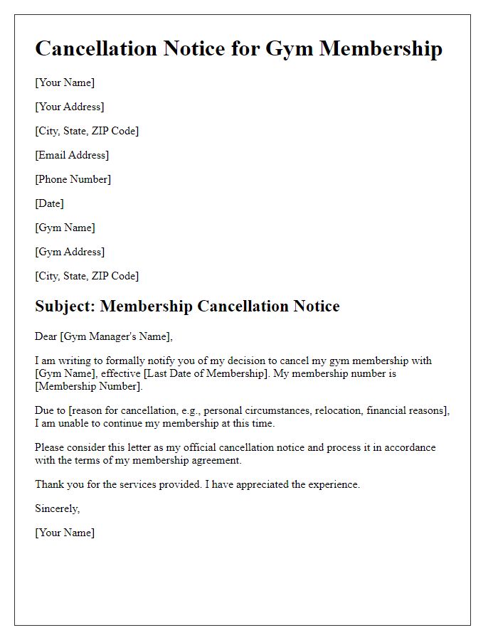 Letter template of cancellation notice for gym membership