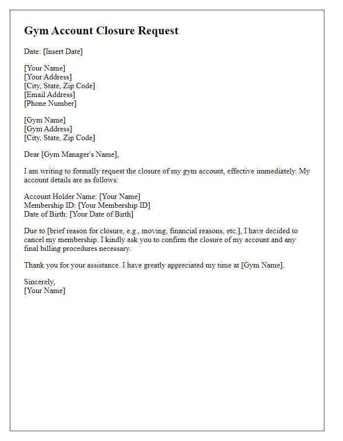 Letter template of gym account closure request