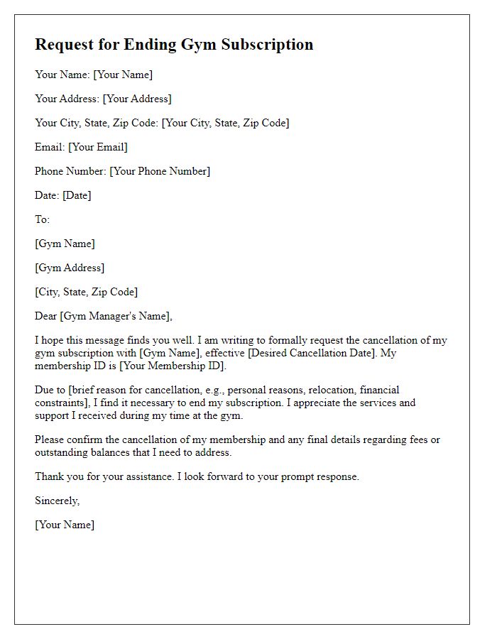 Letter template of request for ending gym subscription