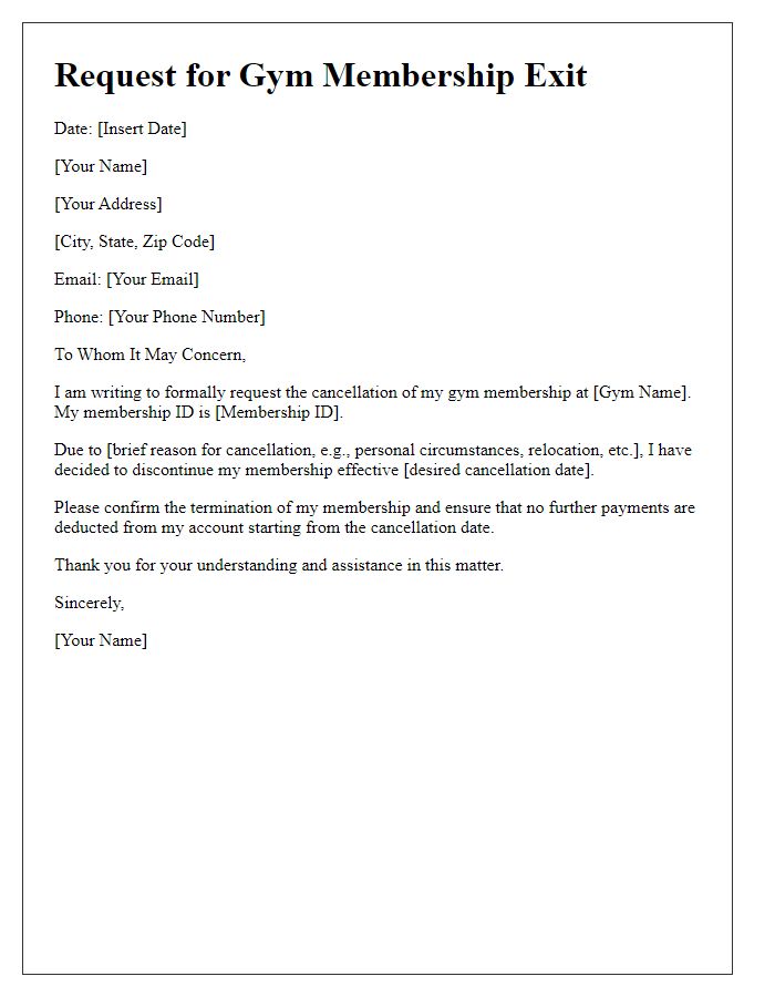 Letter template of request for gym membership exit