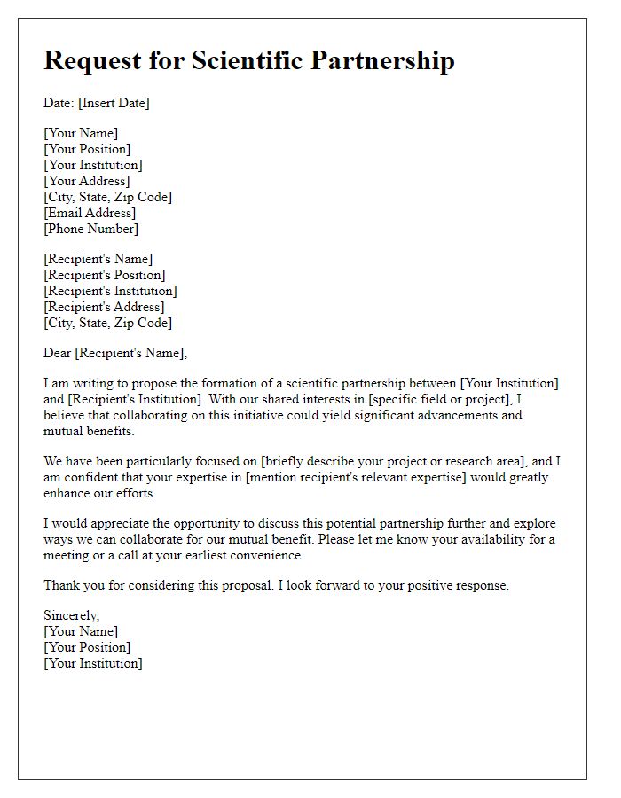 Letter template of request for scientific partnership formation