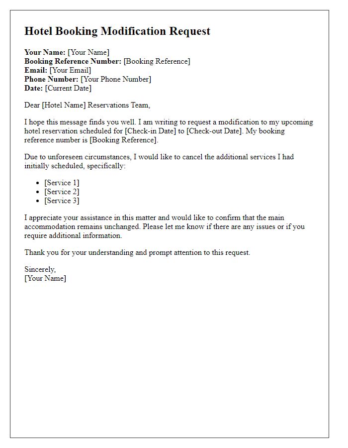 Letter template of hotel booking modification request for cancellation of additional services