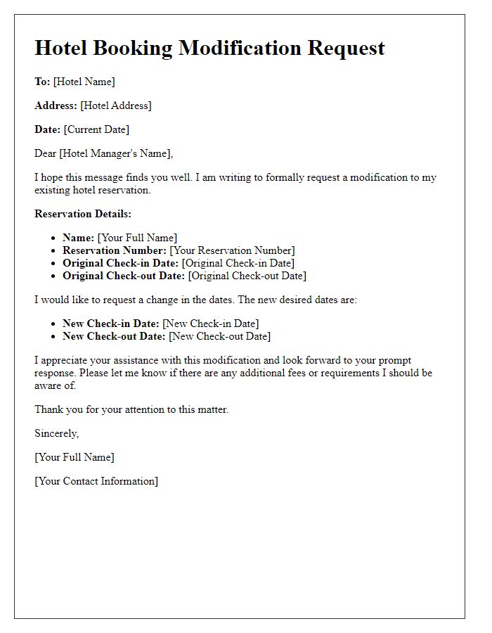 Letter template of hotel booking modification request for change of dates