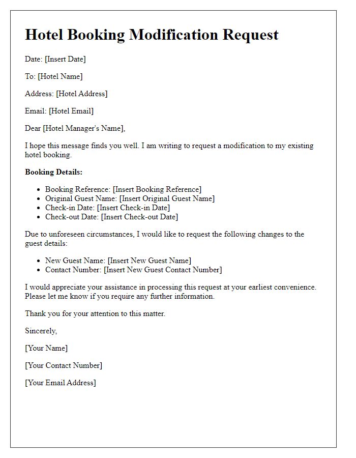 Letter template of hotel booking modification request for change of guest details