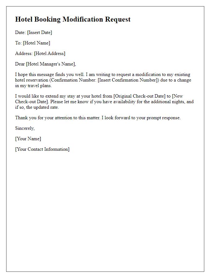 Letter template of hotel booking modification request for extended stay