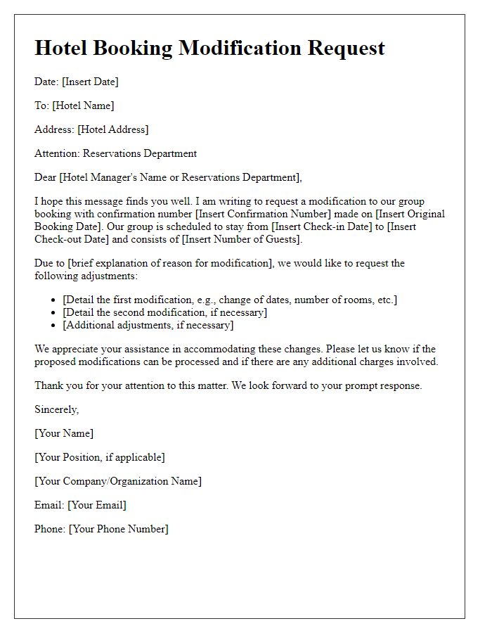 Letter template of hotel booking modification request for group booking adjustments