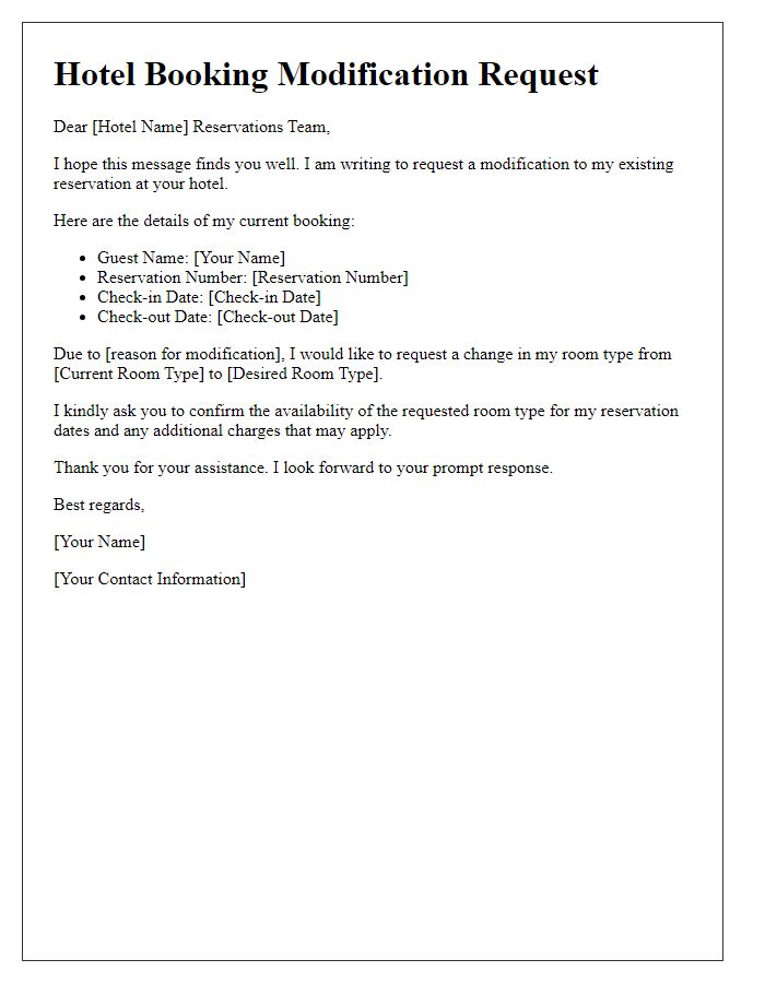 Letter template of hotel booking modification request for room type alteration