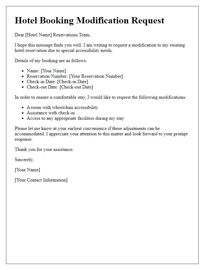 Letter template of hotel booking modification request for special accessibility needs