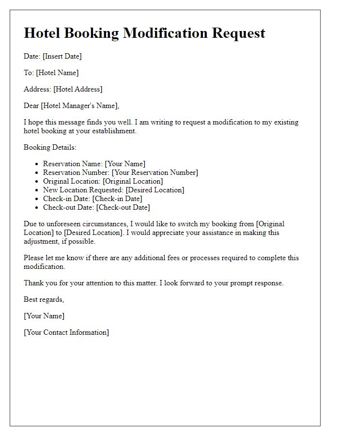 Letter template of hotel booking modification request for switching locations