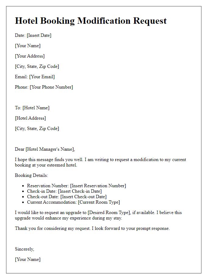 Letter template of hotel booking modification request for upgraded accommodations