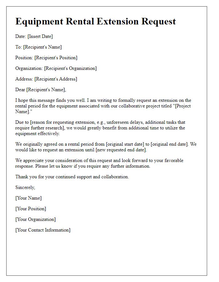 Letter template of collaborative project equipment rental extension request.