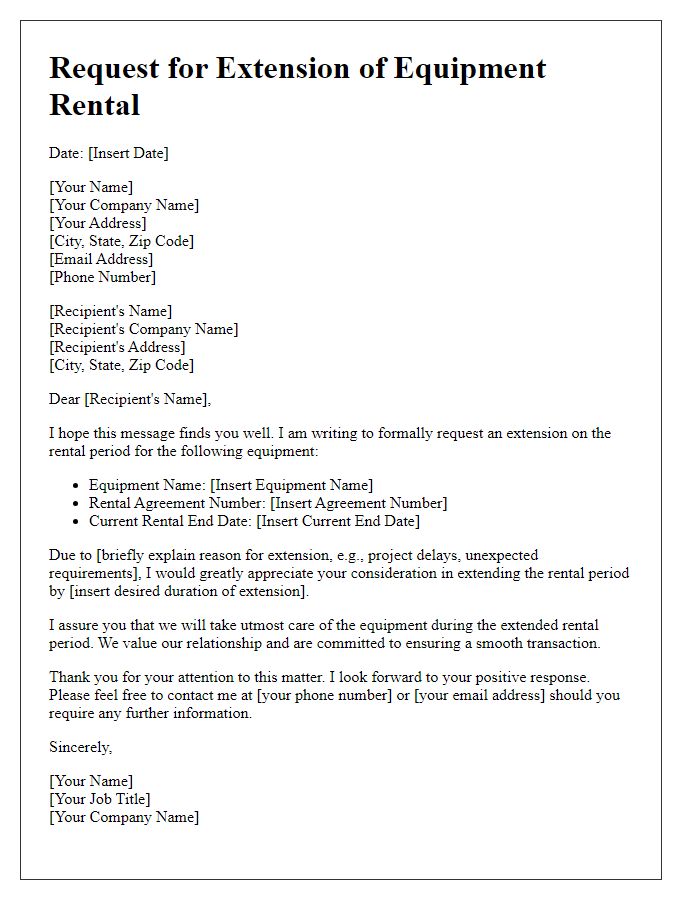 Letter template of commercial equipment rental extension request.