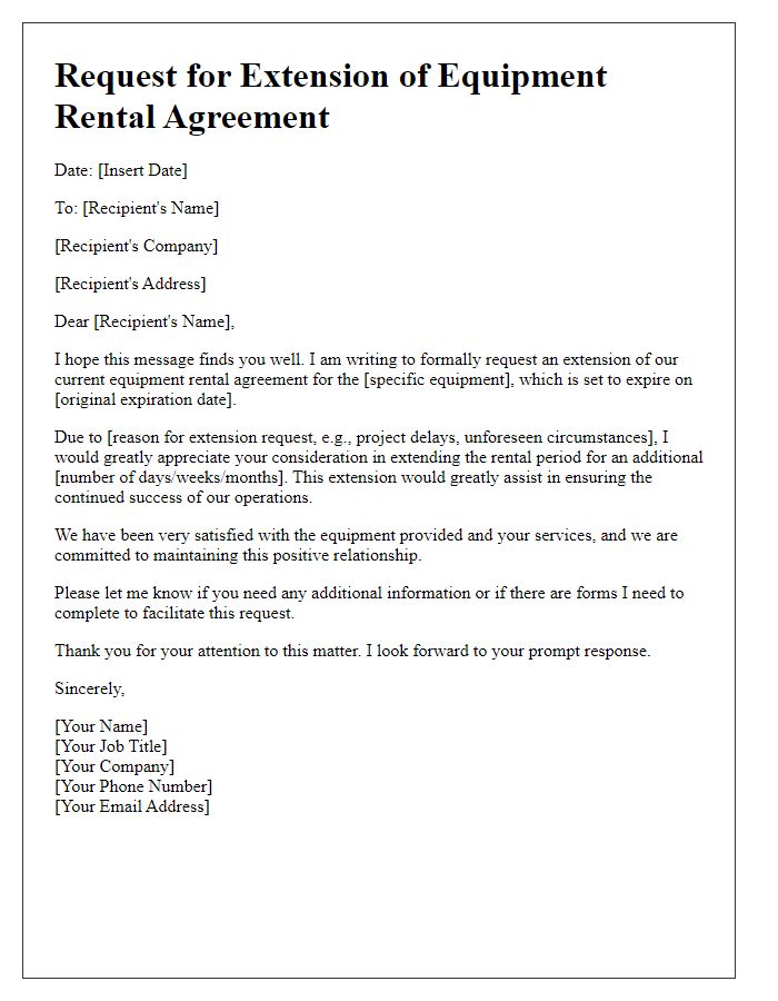 Letter template of equipment rental agreement extension request.