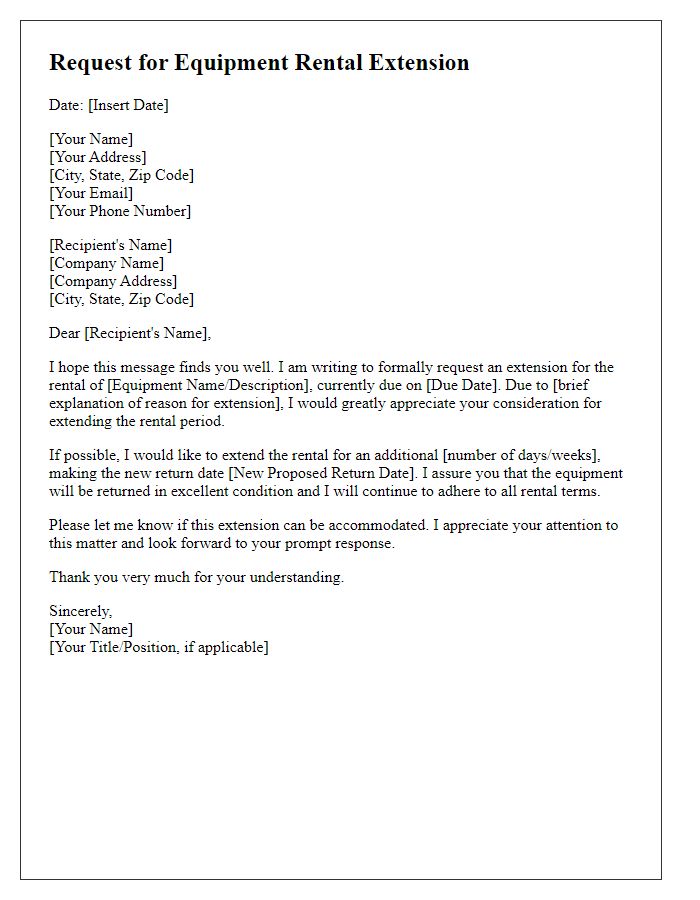 Letter template of formal equipment rental extension request.