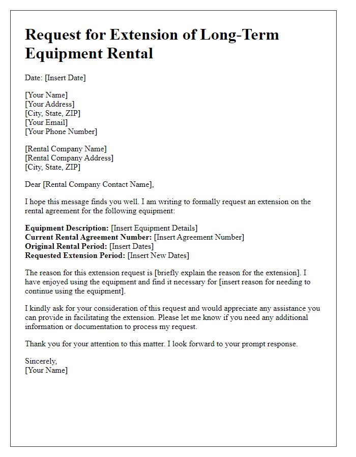 Letter template of long-term equipment rental extension request.