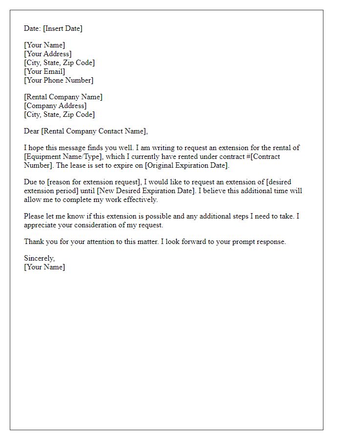 Letter template of short-term equipment rental extension request.