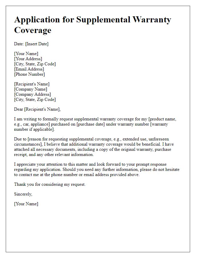 Letter template of application for supplemental warranty coverage