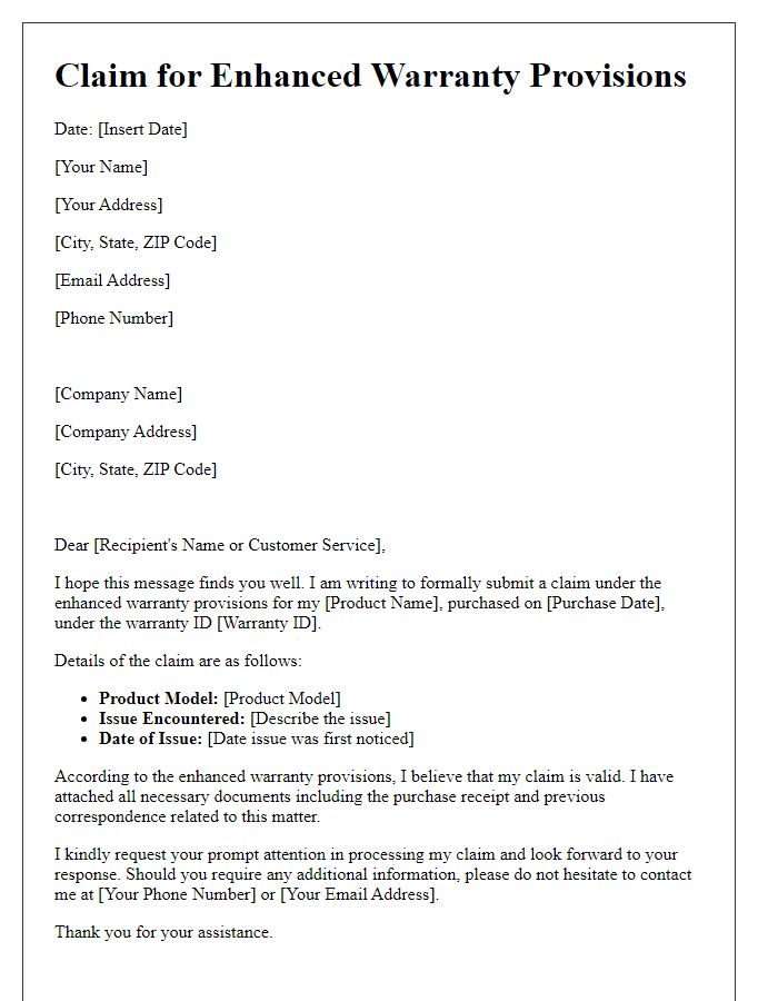 Letter template of claim for enhanced warranty provisions