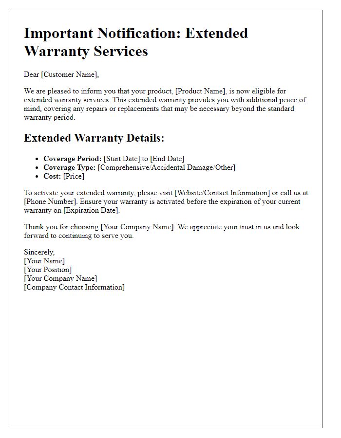 Letter template of notification for extended warranty services