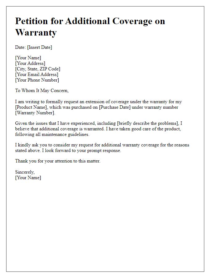 Letter template of petition for additional coverage on warranty