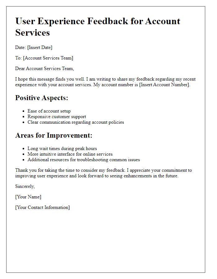 Letter template of user experience feedback for account services