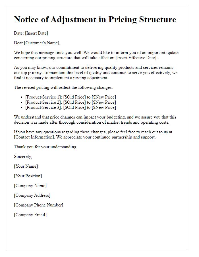 Letter template of adjustment in our pricing structure