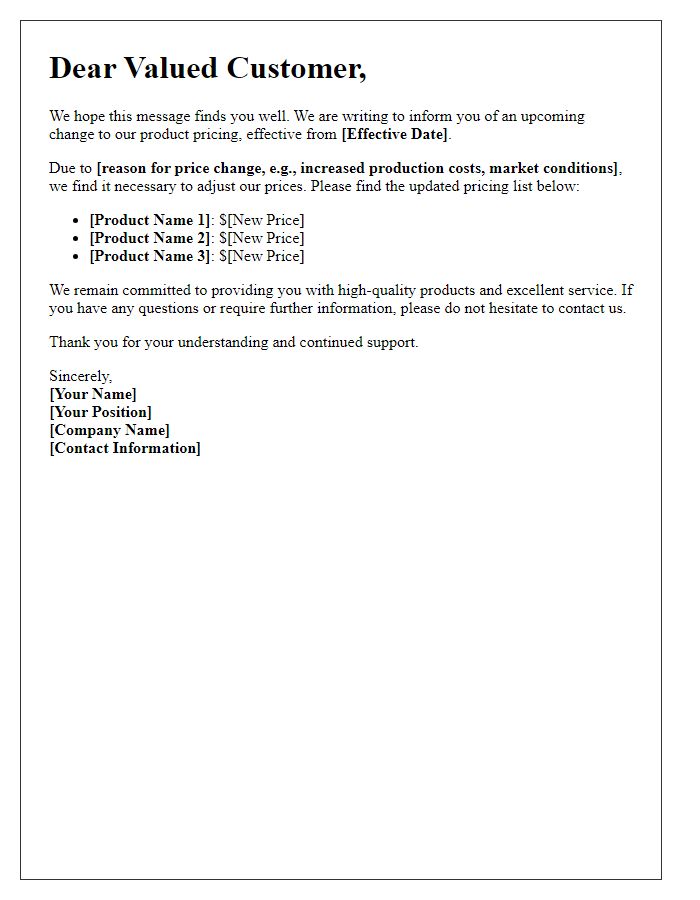 Letter template of changes to product pricing