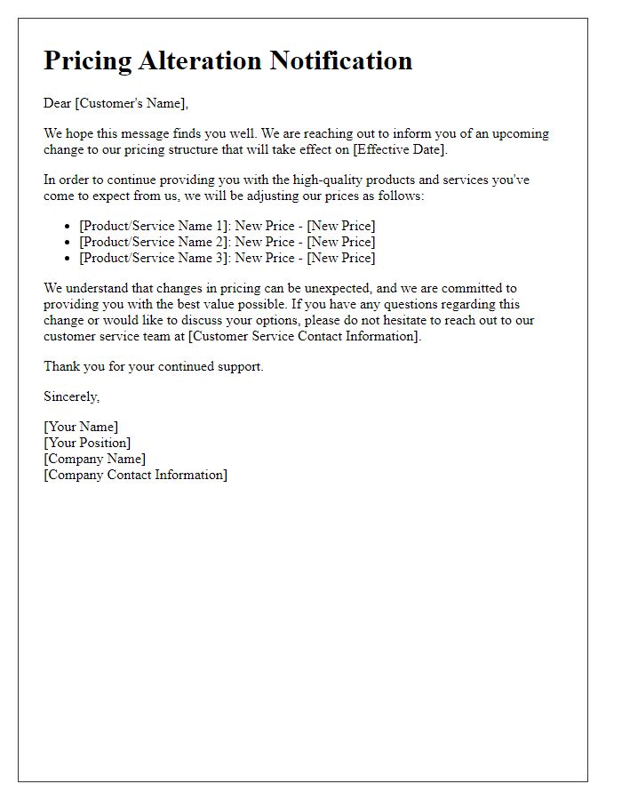Letter template of pricing alteration notification