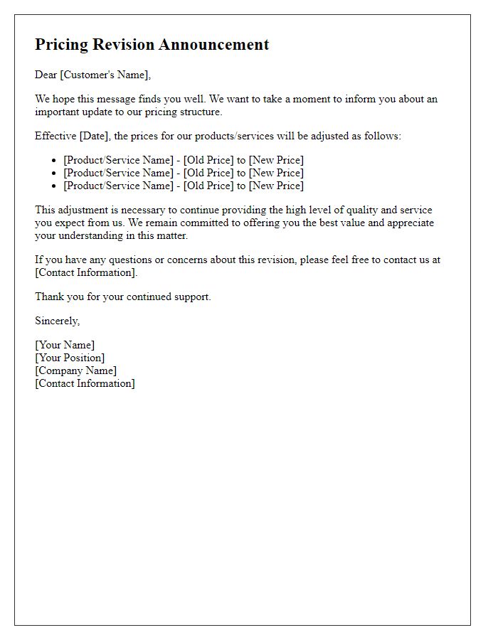 Letter template of pricing revision announcement