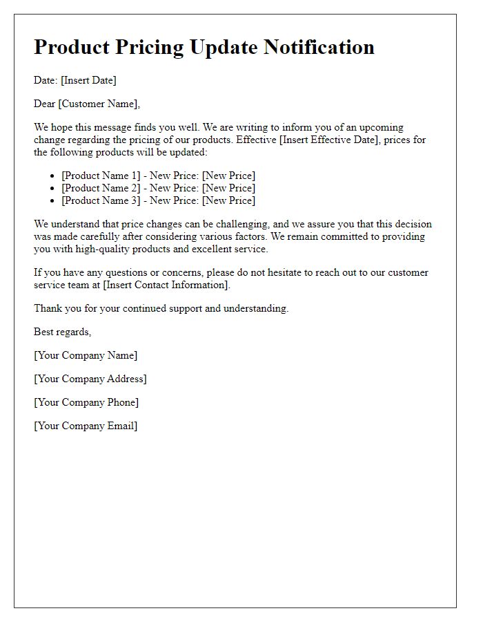 Letter template of product pricing update notification