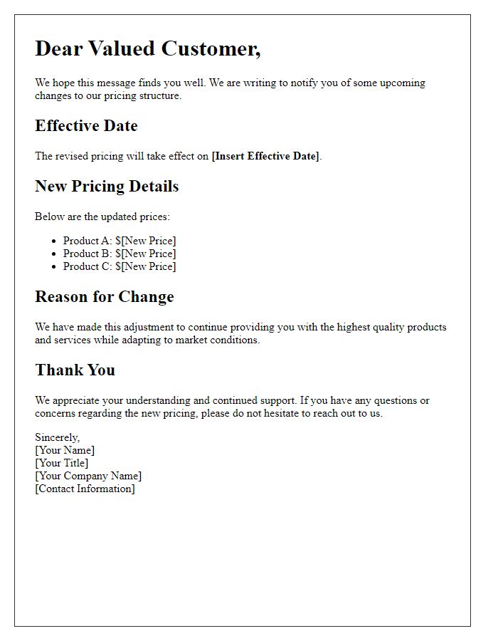 Letter template of revised pricing announcement