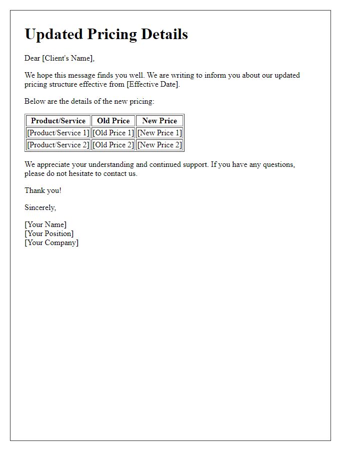 Letter template of updated pricing details