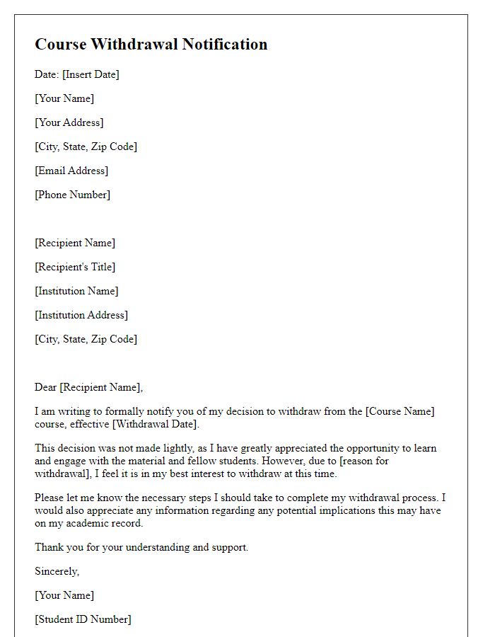 Letter template of course withdrawal notification