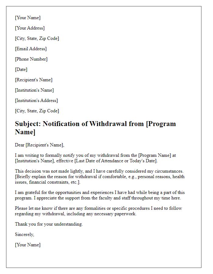 Letter template of notification of withdrawal from educational program