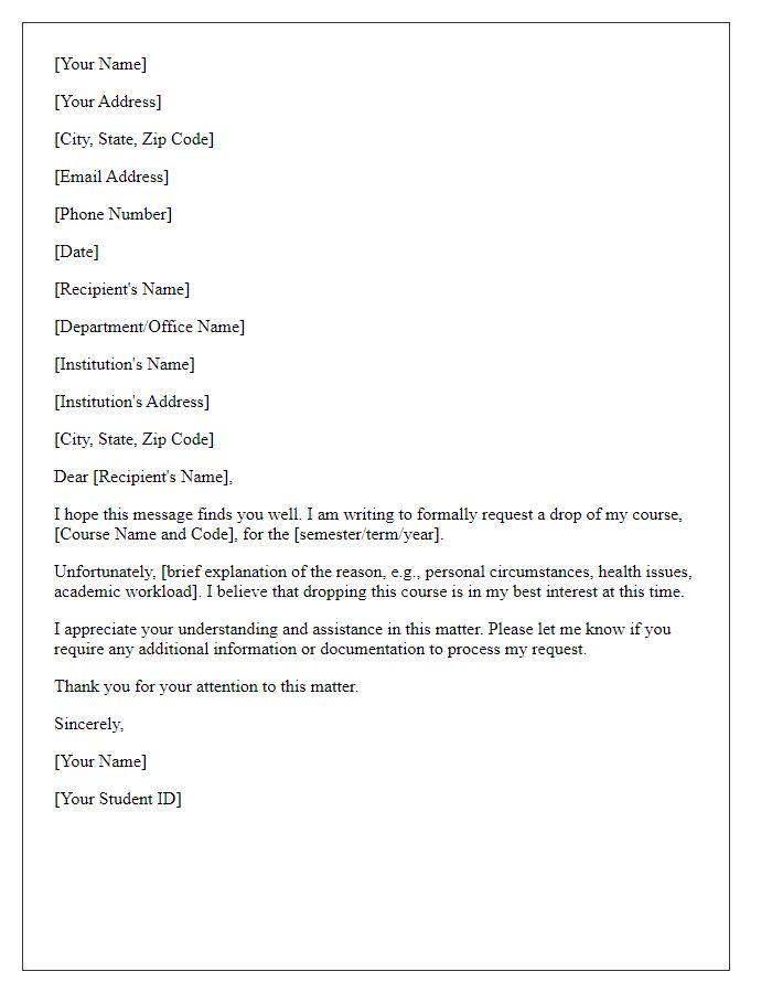 Letter template of request for course drop
