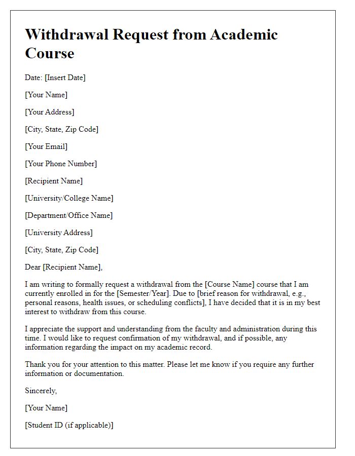 Letter template of withdrawal request from academic course