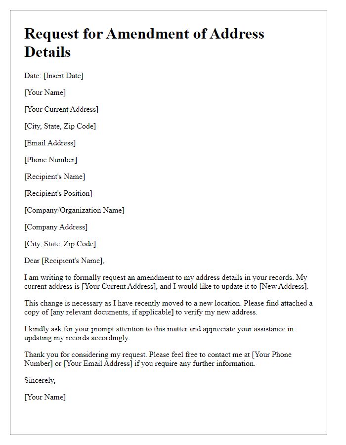 Letter template of request for amendment of address details