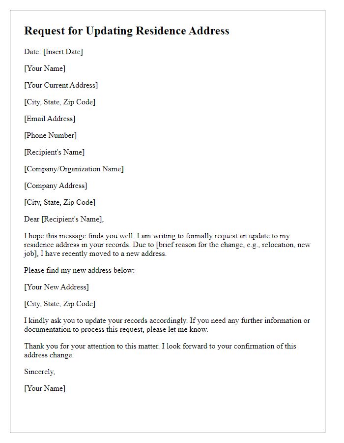 Letter template of request for updating residence address